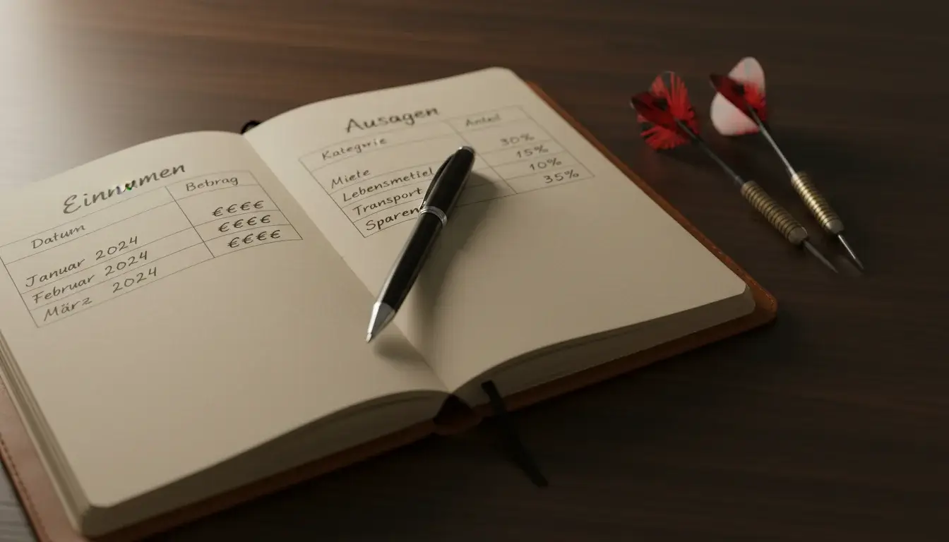 Notizbuch mit handschriftlichem Wettplan und Einsatzstrategie neben Dartpfeilen auf dem Tisch