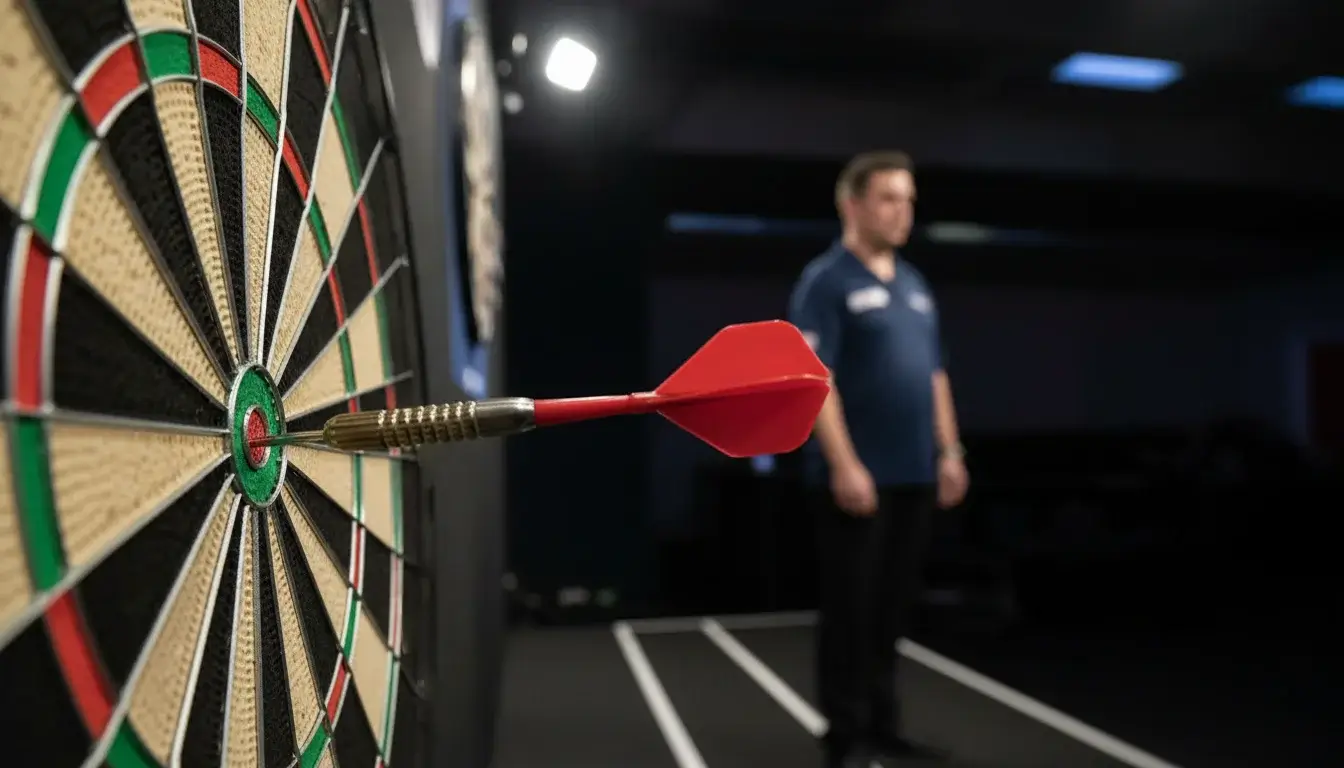 Nahaufnahme eines Dartboards mit markiertem Doppelfeld und Spieler im Hintergrund