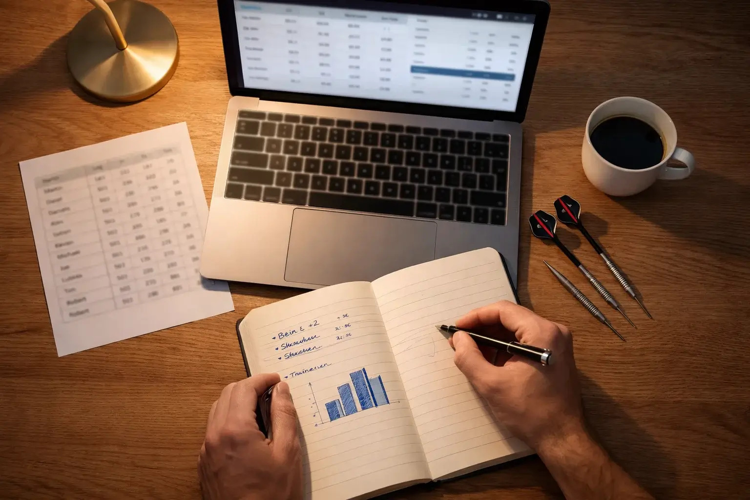 Person analysiert Darts-Statistiken und Wettquoten an einem Schreibtisch mit Notizen