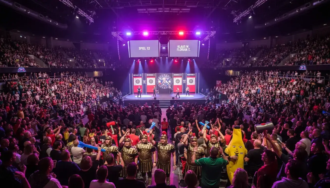 Volle Zuschauertribüne beim Darts-Turnier im Alexandra Palace mit Bühnenbeleuchtung